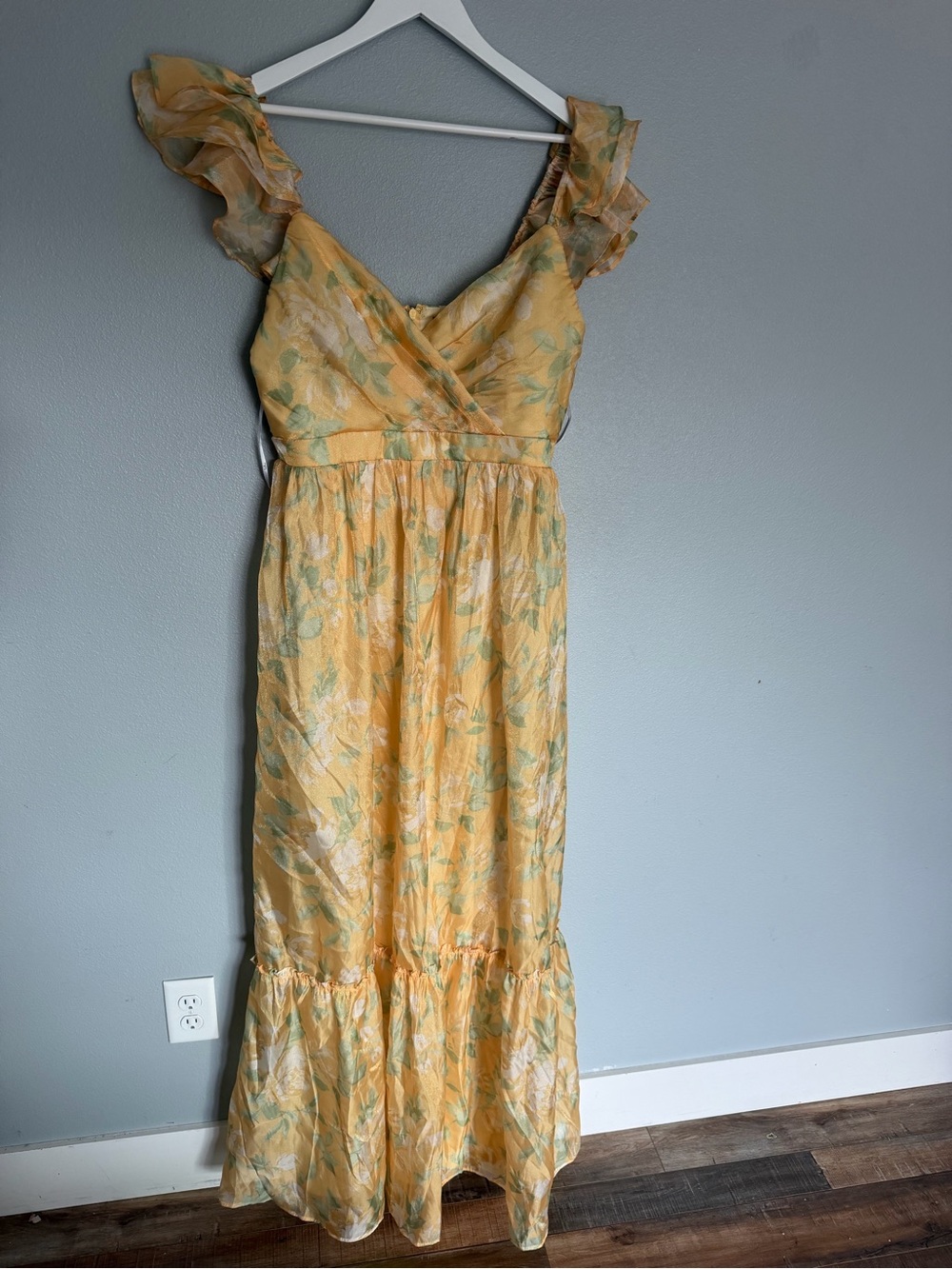 Lulu’s Soiree Perfection Yellow Floral Ruffled Tiered Maxi Dress XL NWT
